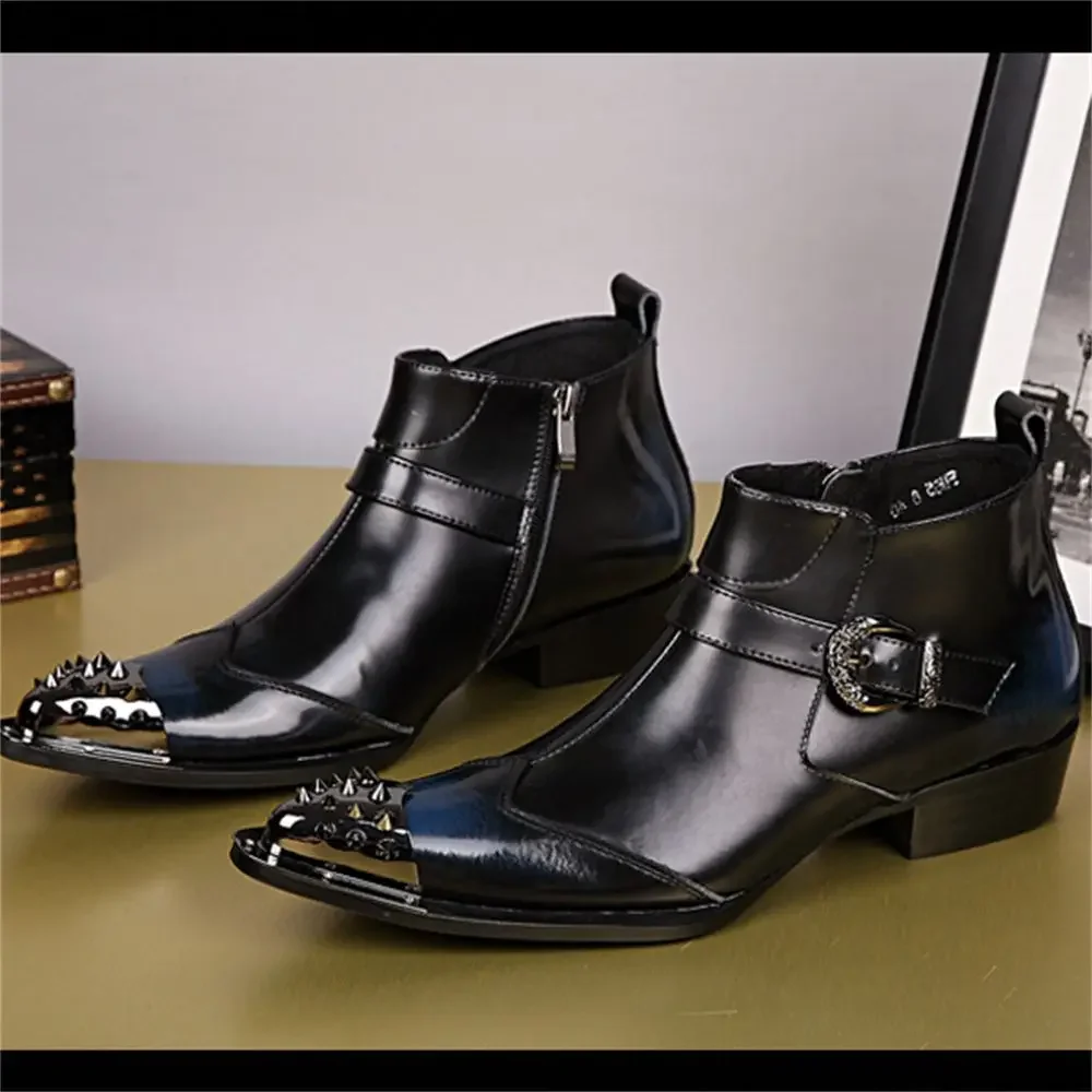 

Black Buckle With Metal Zipper Genuine Leather High Heels Pointed Toe Boots Male Plus Size Fashion Party Wedding Dress Shoes