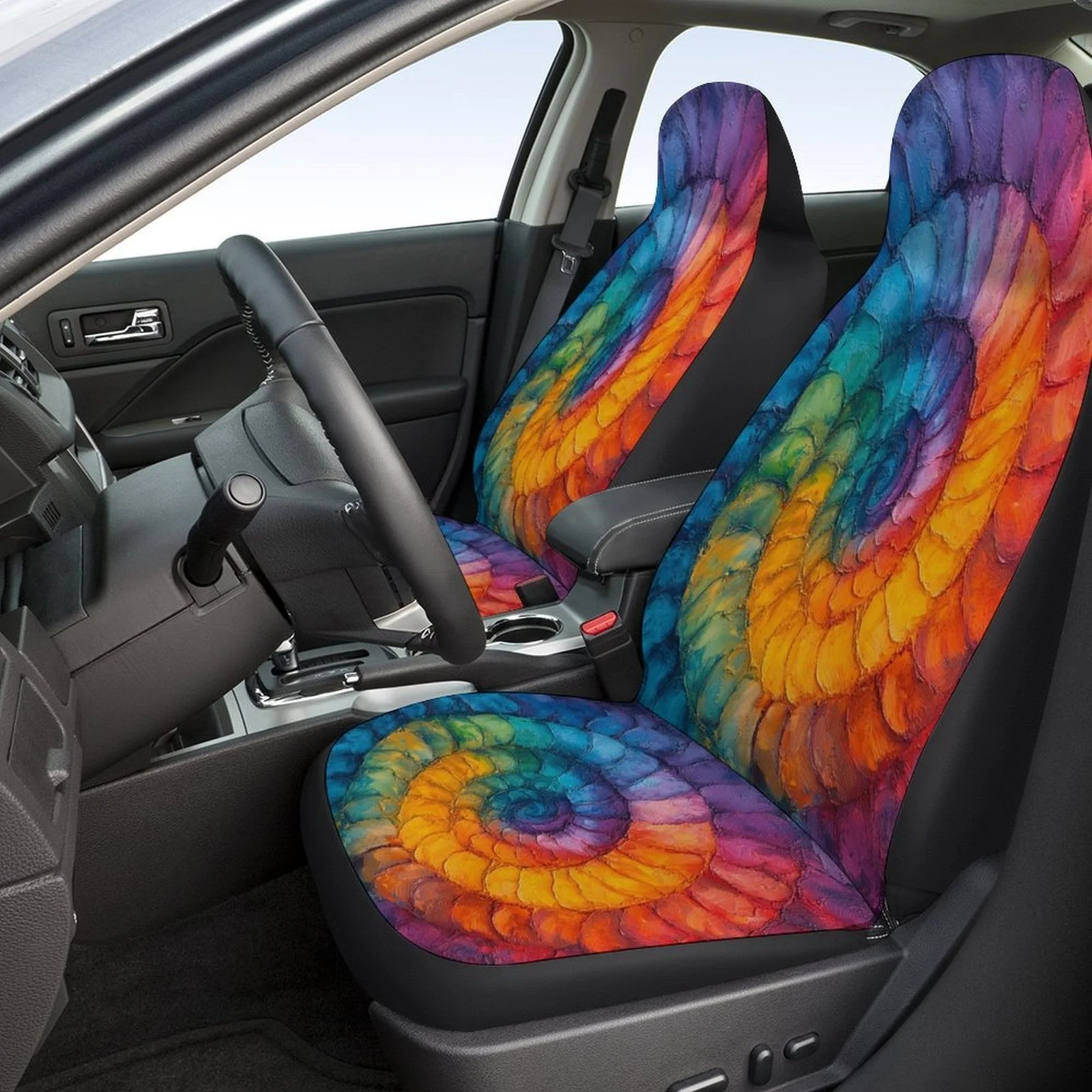 Colorful Spiral Art Designed Car Seat Covers Set For Most Cars, Trendy Novelty Decorative Car Seat Protector Covers Full Set, Un