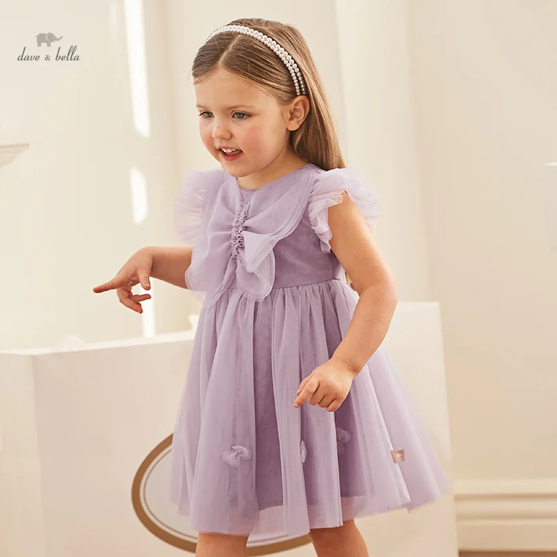 Dave Bella Girl's Princess Dress 2024 New Summer Children's Baby Sleeveless Purple Mesh Noble Cute Sweet Charm Party DB2240790