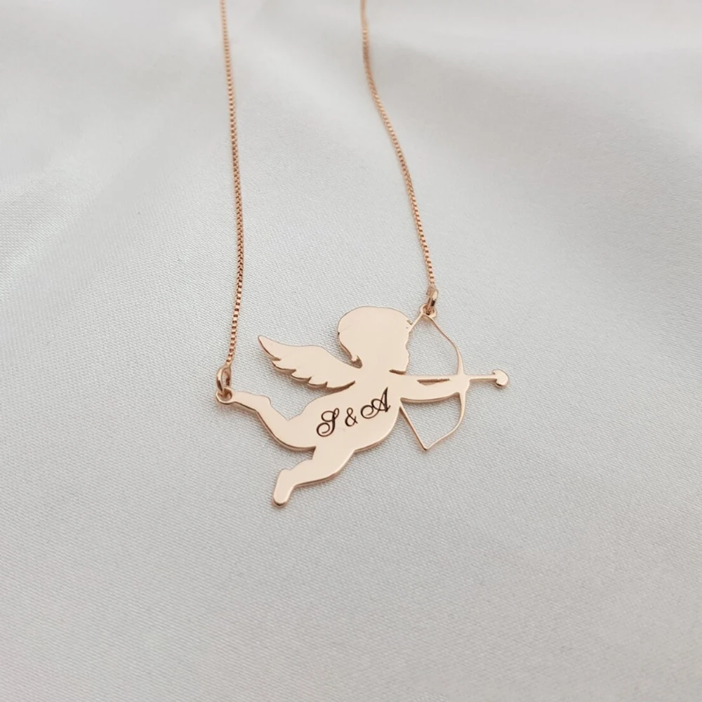 Cupid necklace, bow and arrow necklace, two initials necklace, carved, given to mom and girlfriend