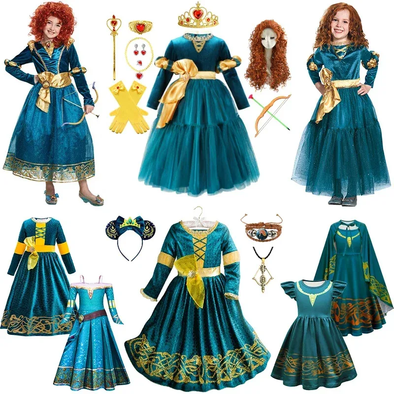 72th Anime Cosplay Cartoon Movie Girls Merida Dress Halloween Brave Princess Costume Children Green Velvet Long Sleeve