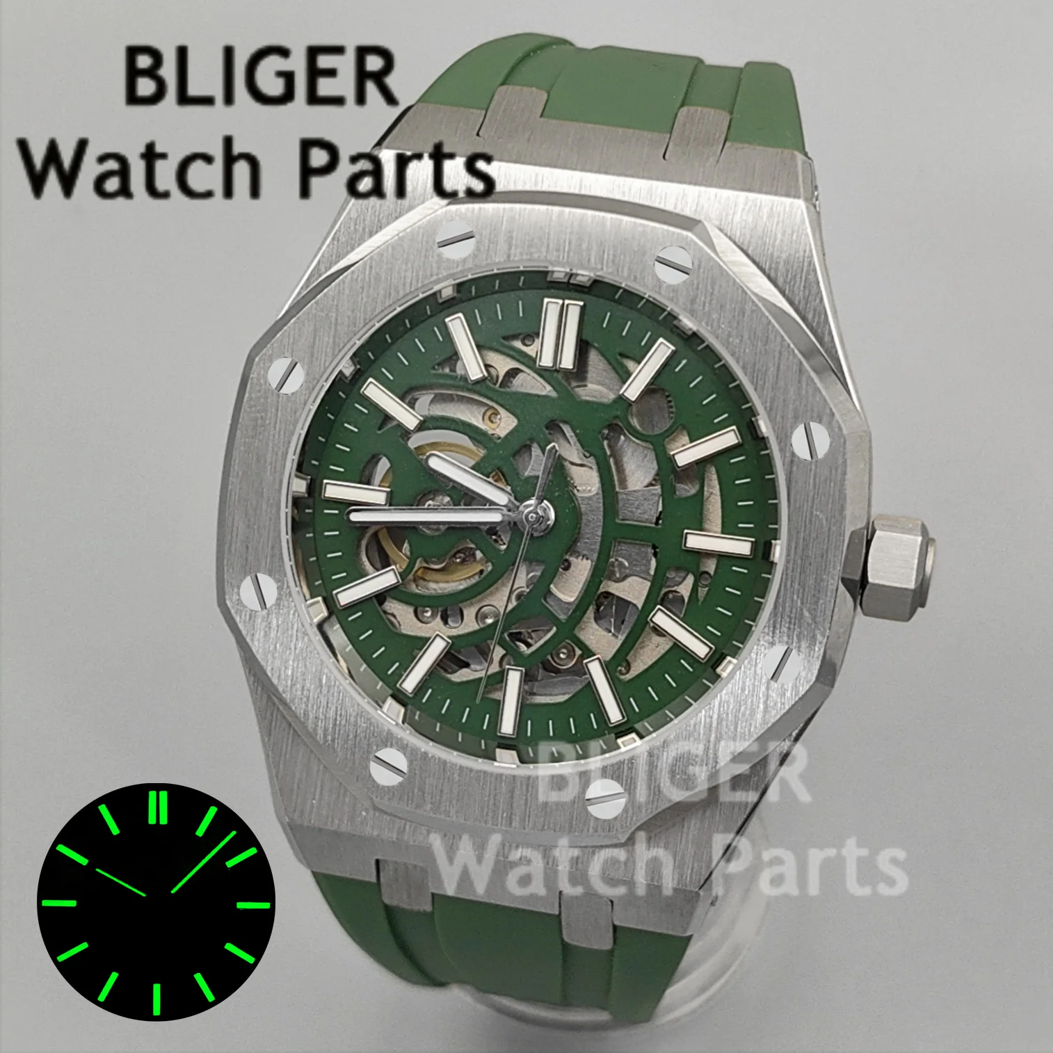 BLIGER 41 مللي متر NH70 ساعة ميكانيكية أوتوماتيكية مجوفة الهاتفي الياقوت الزجاج C3 مضيئة المطاط حزام الصلب الغوص ساعة للرجال