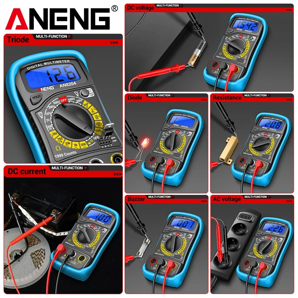 ANENG AN8204 Palm Digital Multimeter hFE Triode Diode Tester Intelligent NCV Voltage Buzzer Meter Anti-burn Maintenance Tools