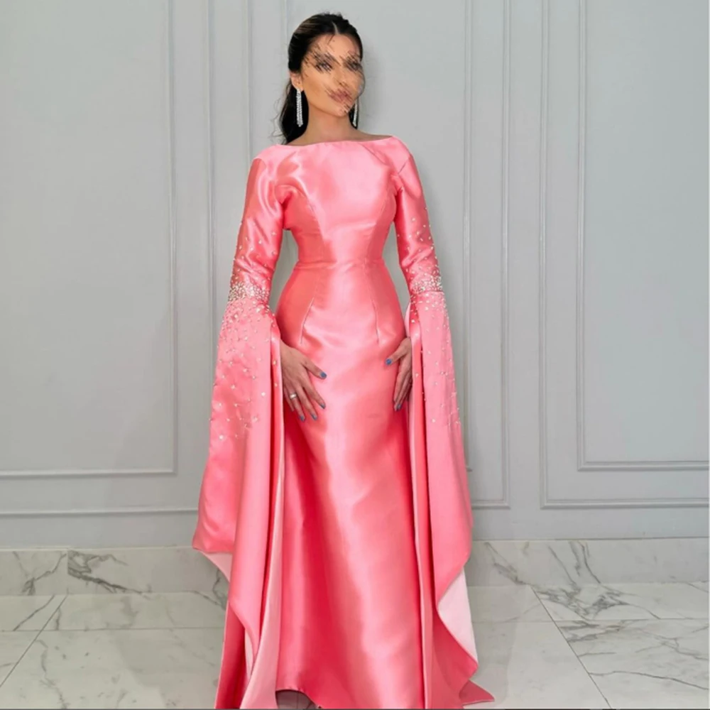 

Customized Pink Boat Neck A-line Sequined Backless Evening Dresses Satin Full Sleeves Floor Length Pageant Party Prom Gowns