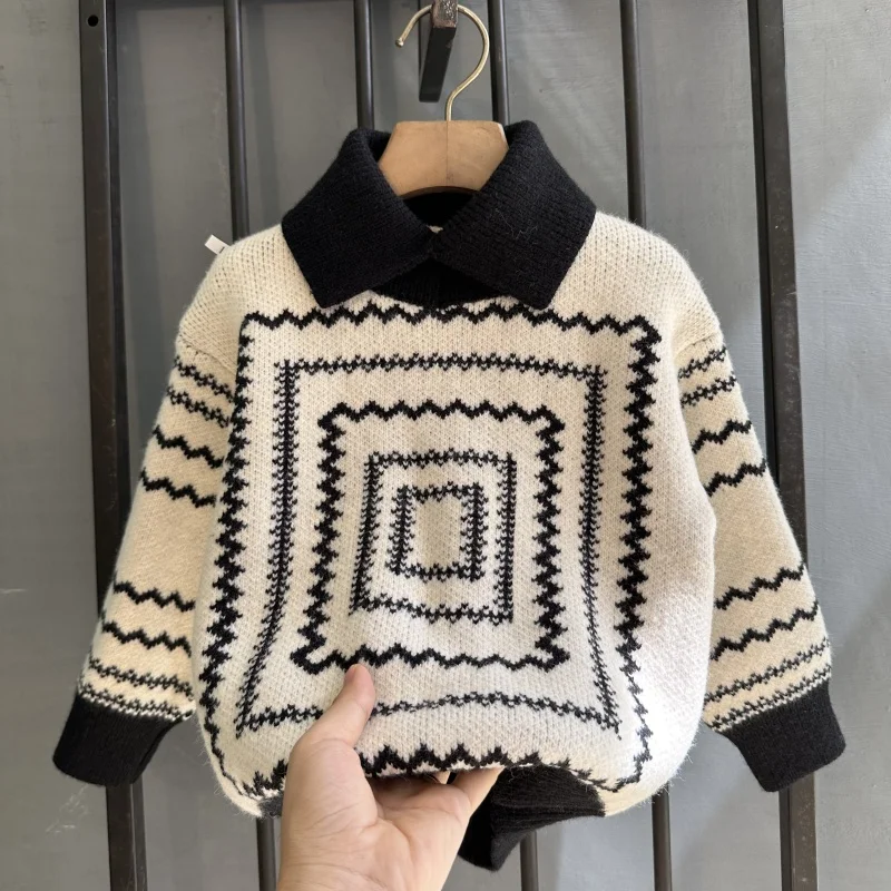 Collar Knitwear Korean Baby Retro Style Boy Spring and Autum Knitwear Lapel Trendy Baby Sweater Kids Clothes Christmas 7 8Years