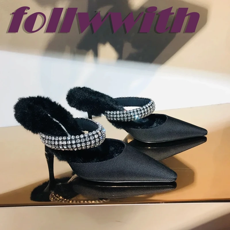 Plush Rhinestone Bordered Black Slippers Sexy High Heel Half Drag Pointed Toe  Muller 2024 Autumn New Arrival Women Shoes