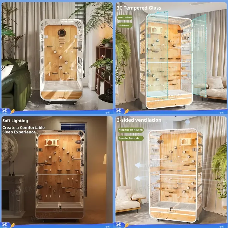 Large Movable Solid Wood Iron Bird Cage Luxury Modern Simple Durable Parrot Cage with Snap Closure for Macaw Cockatoo Pet