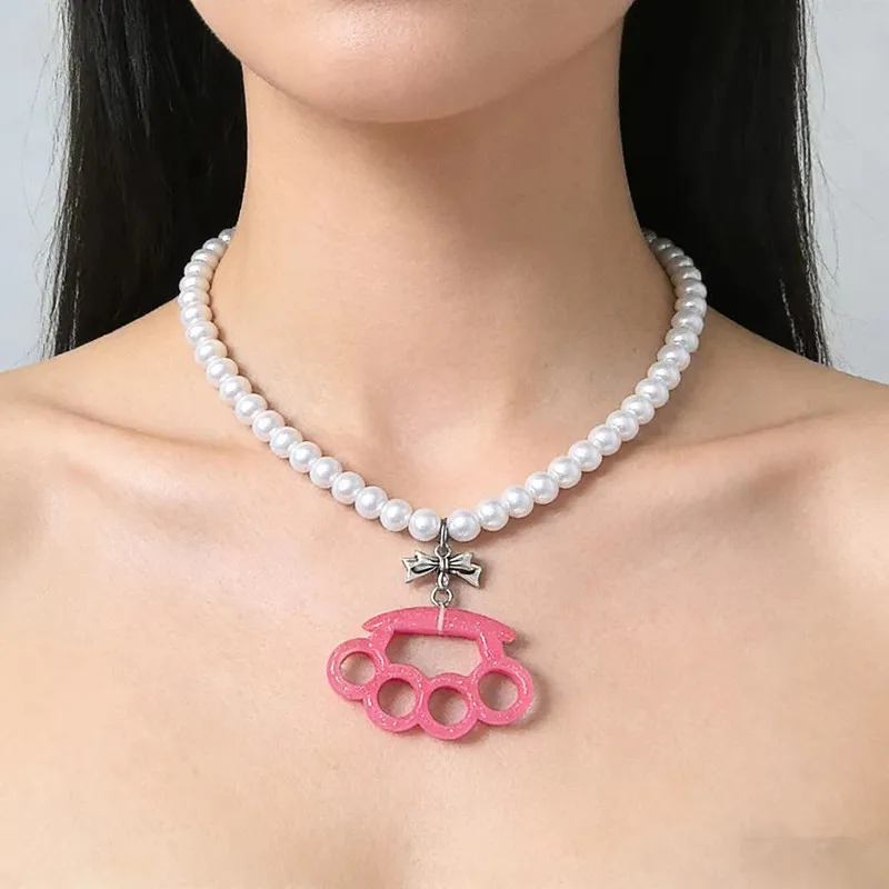 Sweet and Cool Style Spicy Girl Bow Boxing Ring Pendant Necklace, Subculture Imitation Pearl Boxing Necklace