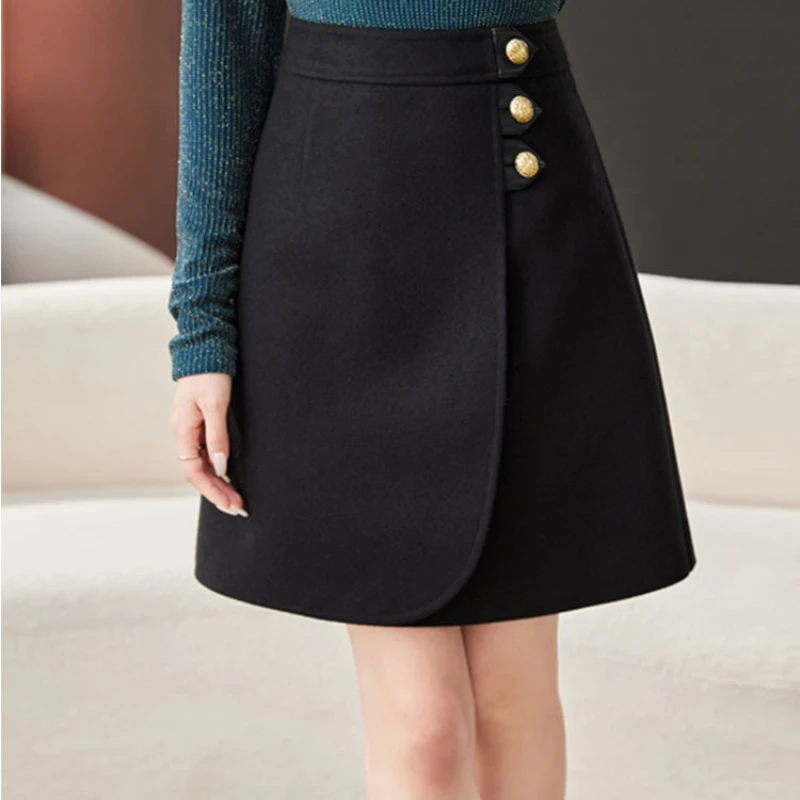 Temperament All-match Autumn Winter Woolen Women Solid High Waist Button Fashion Elegant Office Lady A-line Short Bag Hip Skirt