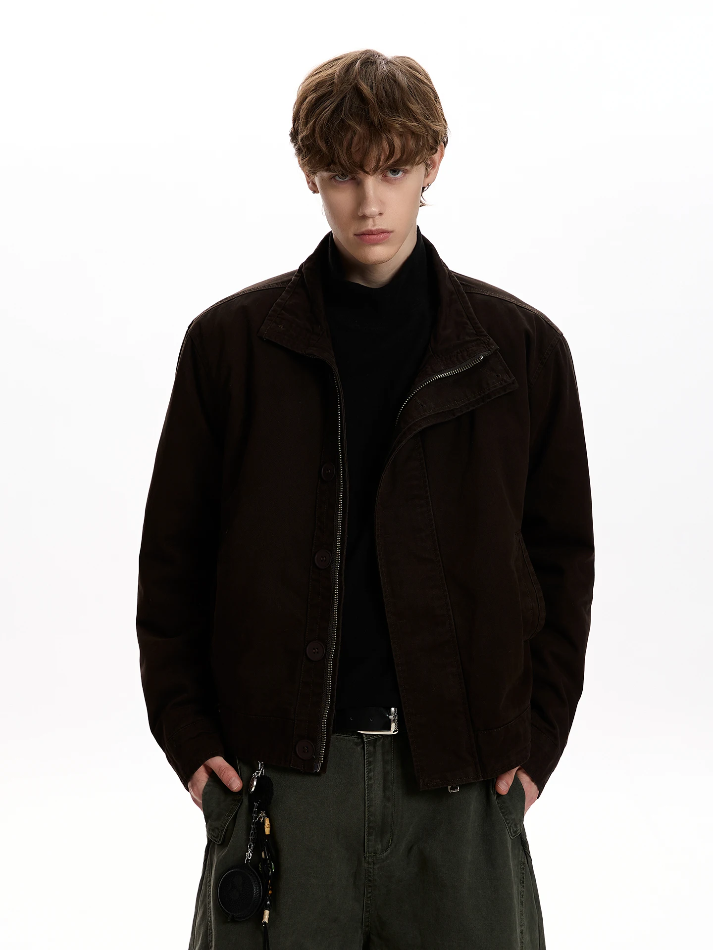 

Retro Waed Faux Rabbit Fur Cotton Jaet Patchwork Stand Collar Deconstructed Fce Lined Winter Outerwear for Men