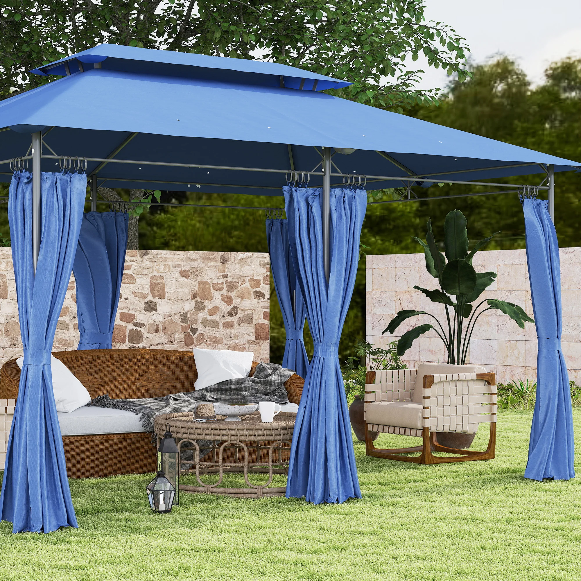 10 x 13 ft Double Roof Patio Gazebo with Curtains, Blue image 8
