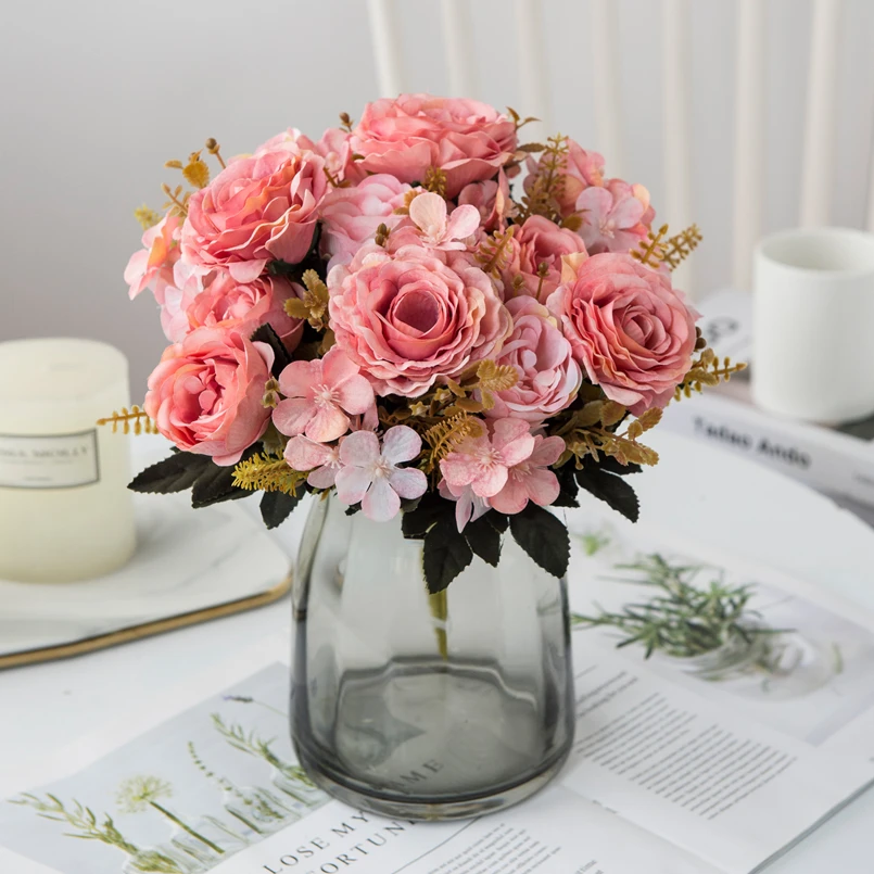 الزهور الاصطناعية الحرير الورود باقة العروس ديكور المنزل الخريف اكسسوارات الزفاف التخليص حديقة وهمية الفاوانيا الكوبية الفن جدار #3