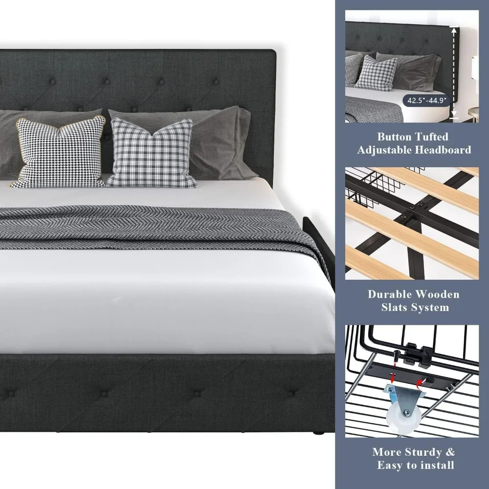 Queen Size Platform Bed Frame with 4 Storage Drawers and Headboard, Diamond Stitched Button Tufted, Mattress Founda