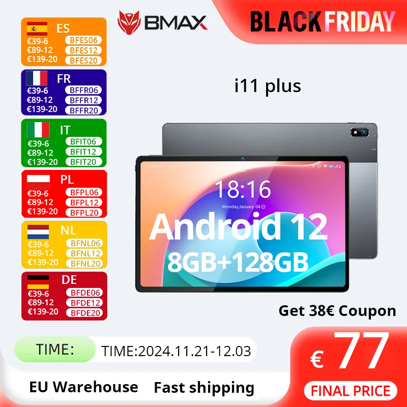 BMAX MaxPad i11 Plus 8GB RAM 128GB ROM 10.4 Inch Octa Core T616 Soc Android 12 Dual Wifi 4G Lte Phone Tablet