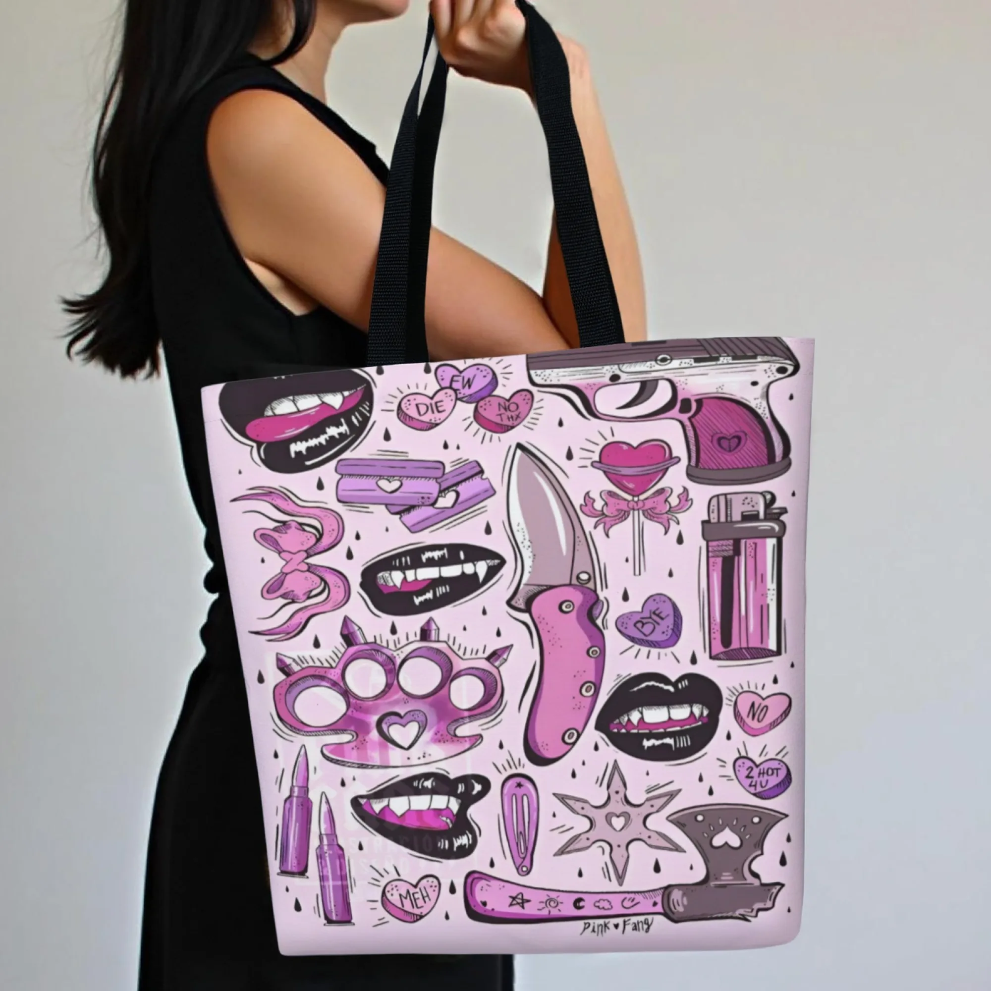Girls Graphic Tote Bag Vibrant Pink Design Lips Print, Durable for Shopping Casual Outings Bold Print Lightweight Spacious