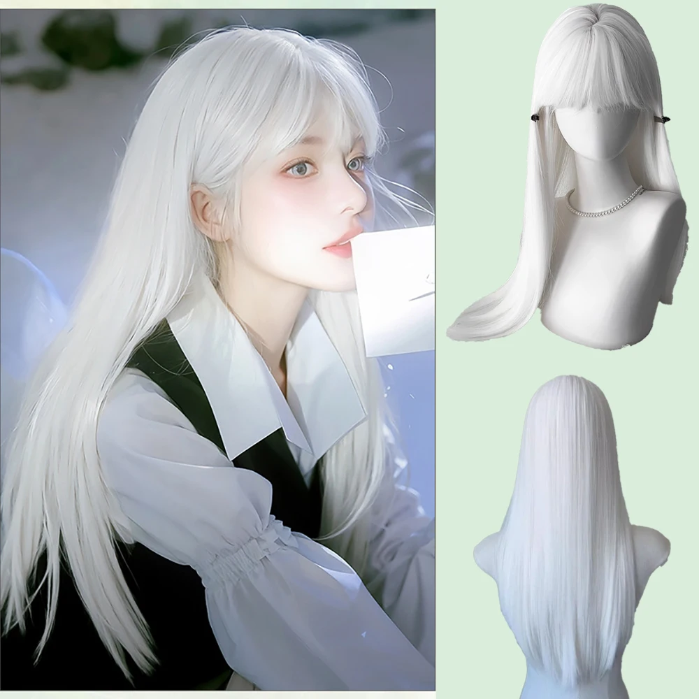 

Синтетический прямой парик 60 см с челкой для косплея, подходит для повседневного использования, вечеринок, ролевых игр, натуральный и термостойкий, в стиле Лолита