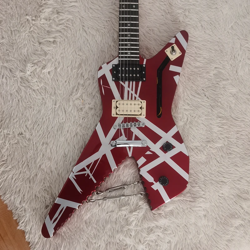 Van Halen handmade traditional guitar, serrated body, double chain, body, headstock all with lines, in stock