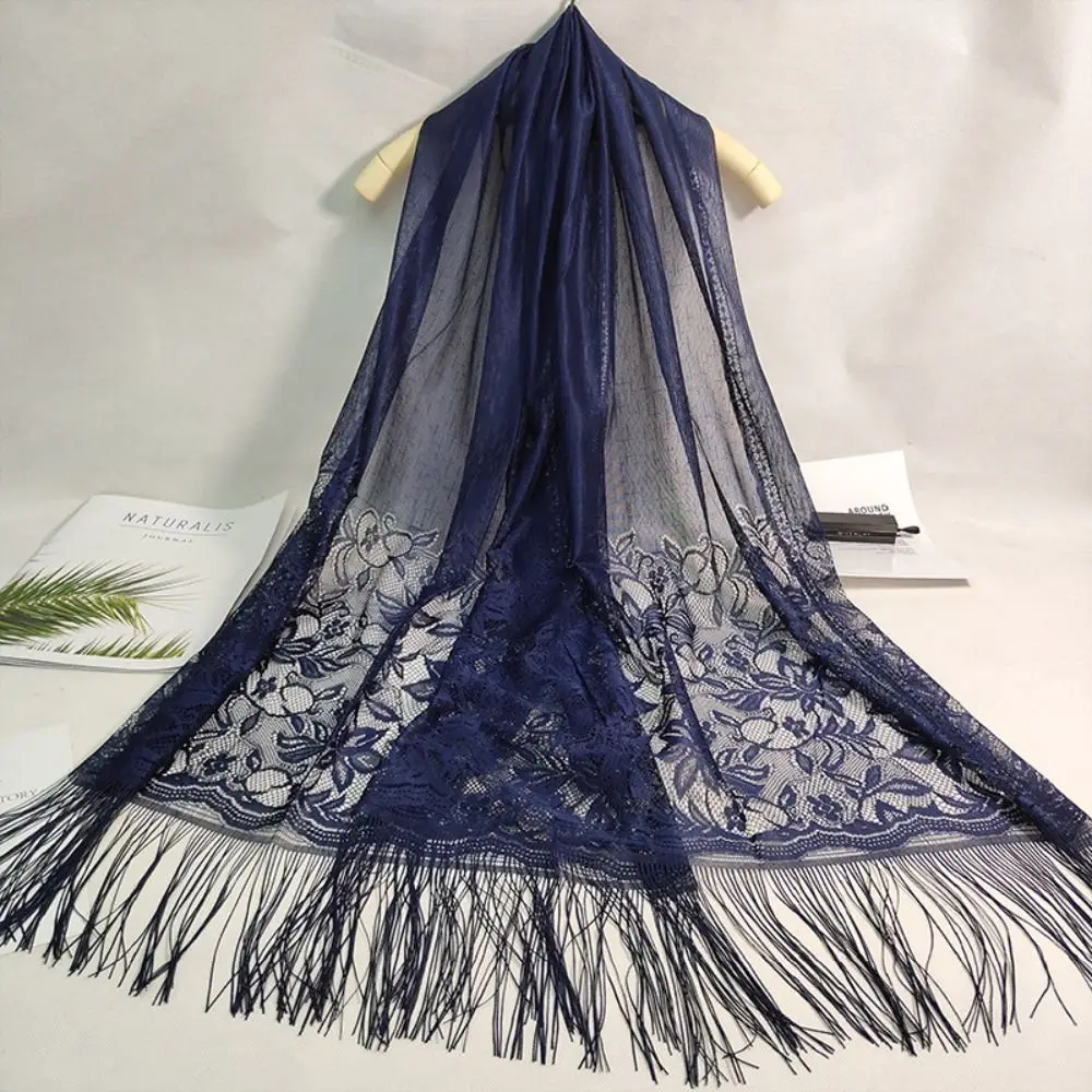 Summer Long Silk Scarf Breathable Lace Tassel Shawls Anti-UV Hollow Pashmina Women