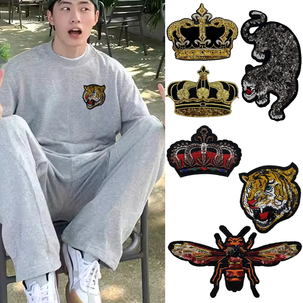 Paillettes Tiger Leopard Bee Animal Pattern Patch ricamo corona Badge cappello fai da te pantaloni giacca vestiti riparazione foro accessori per cucire