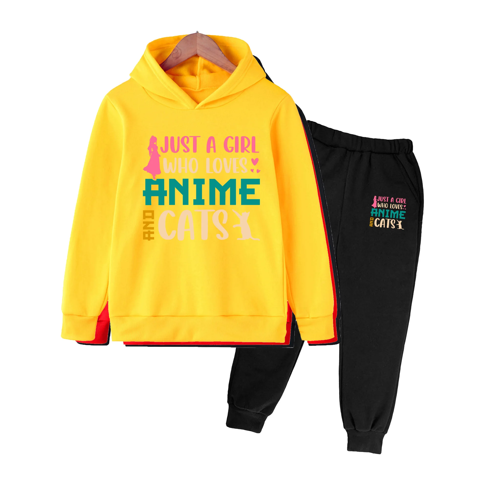 Kids Anime & Cat Print Hoodie and Pants Set, Unisex Long Sleeve Casual Loungewear for Boys Girls