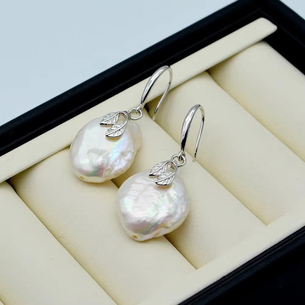 Women's Earrings Natural Pearl Earrings Silver Coin Shaped Baroque Earrings Simple Style Girls Drop Earrings Free Shipping