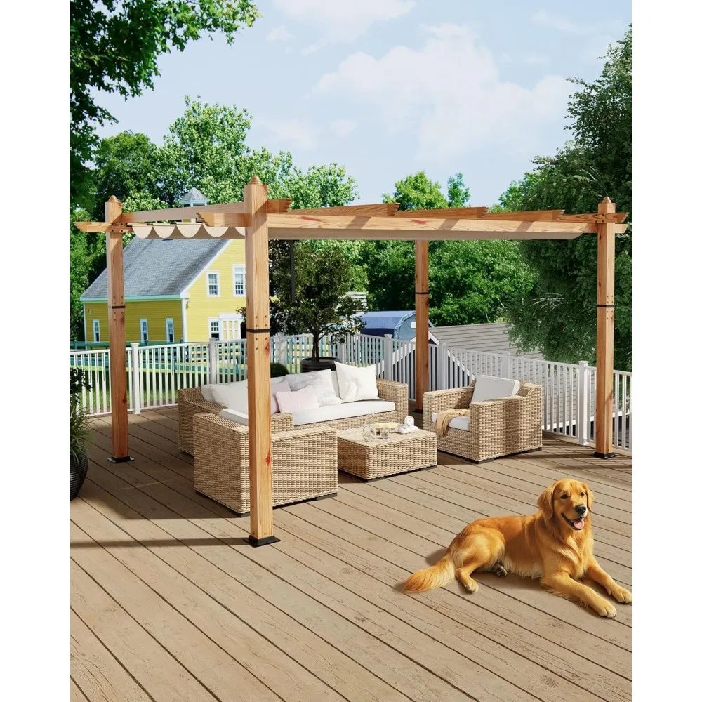 

10x13 Ft Retractable Canopy Pergola, Aluminum Faux Wood Grain Outdoor Structure for Patio, Deck, Backyard, Sun Shade Cover