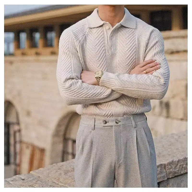 Fashion Textured Knitted Sweaters Men's Polo Shirts Long Sleeves Turn Down Collar Jumper Tops Spring Autumn Winter Men Clothing