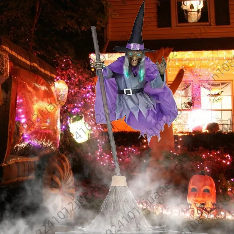 Hovering Witch Halloween Animation Hover Witch Purple Road Outdoor With Decorative Broom