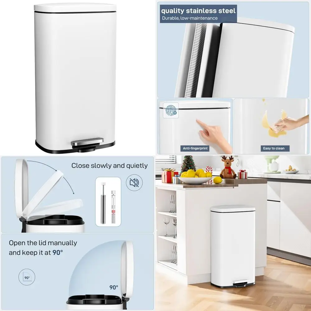 

Stainless Steel 8 Gallon Trash Can with Soft-Close Lid and Removable Inner Bucket for Easy Cleaning and Waste Disposal