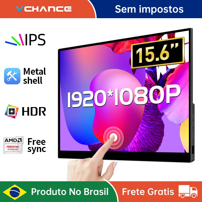 Monitor IPS Touch Screen portátil, 15,6 polegadas, 1080p, HDR, USB-C, Compatível com HDMI, Laptop móvel, Xbox, PS4, 5 Switch, Metal Shell