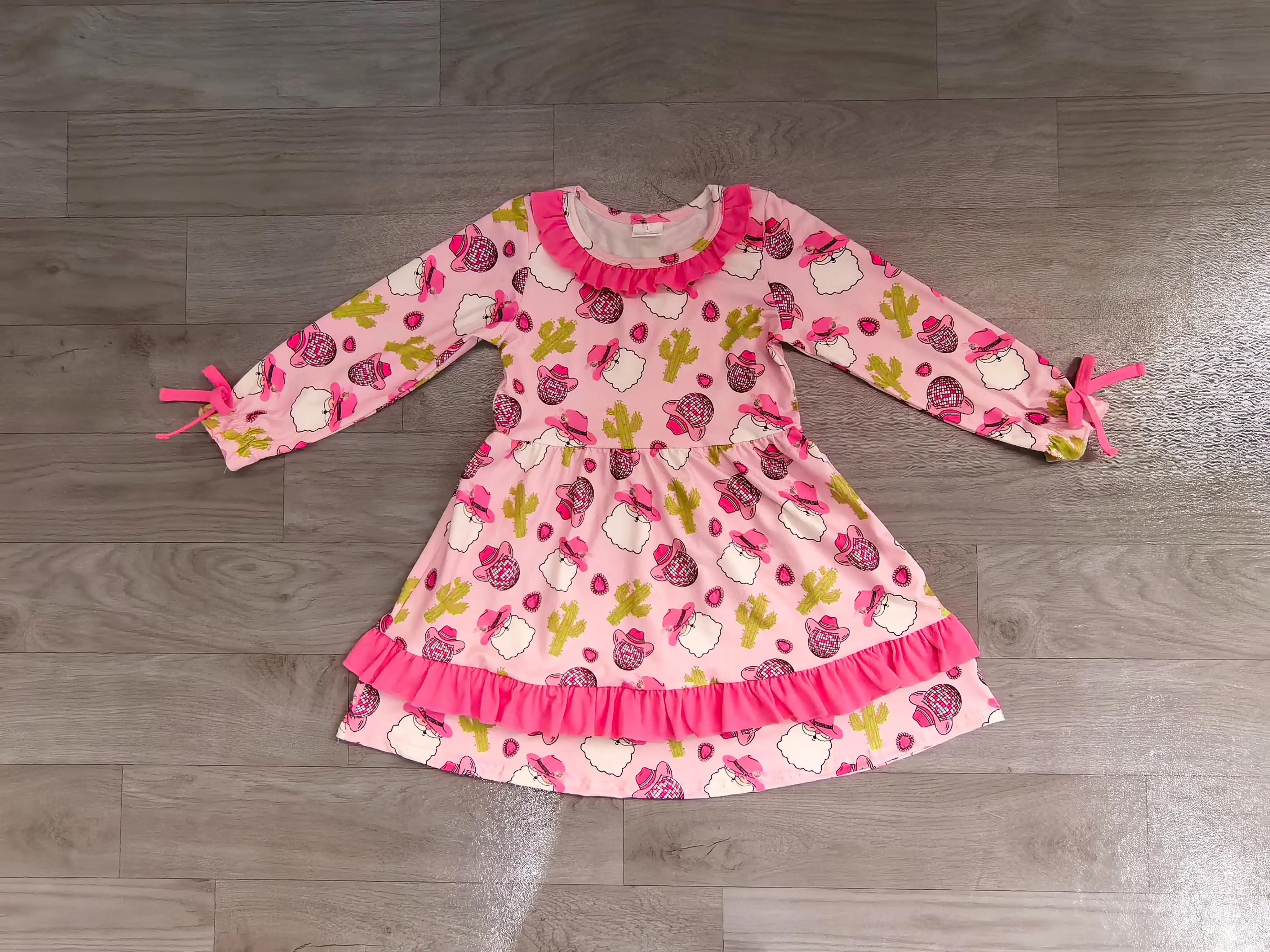 Wholesale Baby Kids Children Long Sleeves Girl Santa Cactus Dress Toddler Knee Length Christmas Santa Clothing Infant Clothes