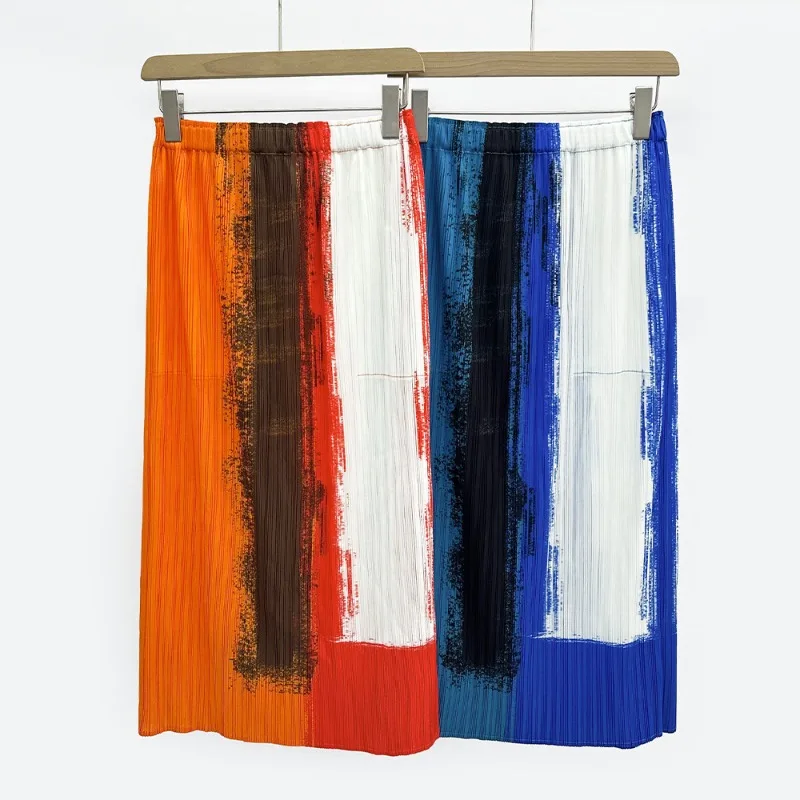 

Miyake 2025 New Summer Colorful Printed Pleated Horizontal Stripes A-line Slim Half Skirt Women's Skirt Clothes with Pockets