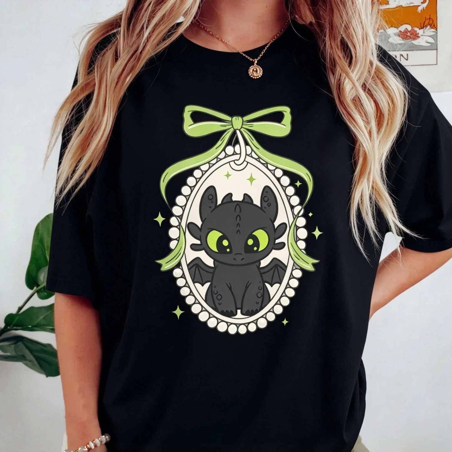 Cute Toothless Dragon Bow Frame Graphic T Shirt How To Train Your Dragon Cartoon Men's and Women's Kids Casual Short Sleeve Tee