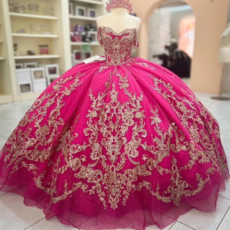 

Customized Rose Red Shiny Quinceanera Dresses Ball Gown Gold Applique Lace Beading Tull Off The Shoulder Sweet 16 Vestido De 15