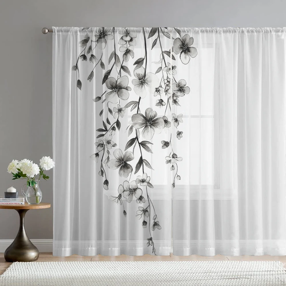2Pcs Gray White Floral And Branch Leaf Print Home Decoration Window Screens Suitable For Coffee Shops, Restaurants, Bedrooms