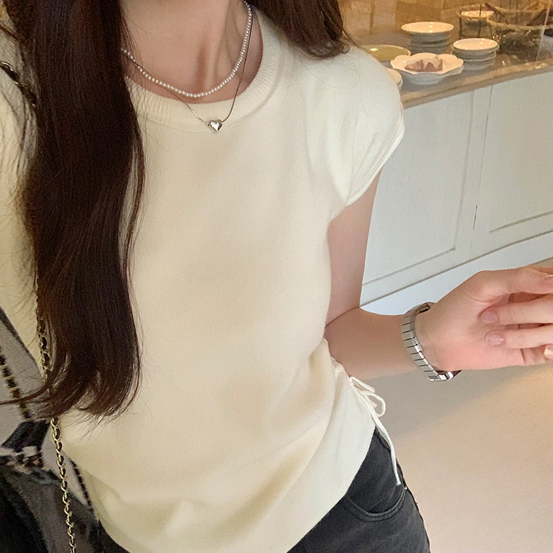 

Женская футболка с круглым вырезом, однотонная Приталенная футболка с коротким рукавом, повседневный однотонный топ, лето 2024