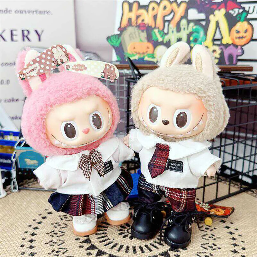 17cm Mini Plush Doll'S Clothes Outfit Accessories For Korea Kpop Exo Labubu Idol Dolls JK skirt set Leather jacket Clothing Gift