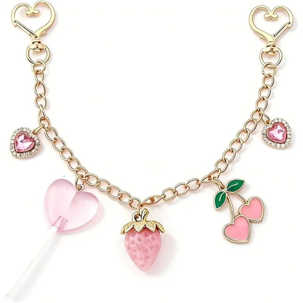 Pink Crystal Love Cherry Keychain Extended Chain Lollipop Shape Hanging Chain Gold Chain Strawberry Lollipop Keychain Gift