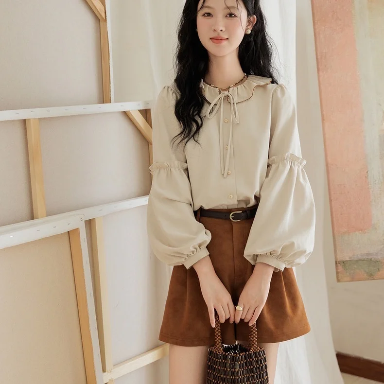 

Long Sleeve Shirts Womens Chiffon Tops Buttoned Front Polka Dot Lantern Sleeves Feminine Minimalist Preppy Style Elegant Autumn