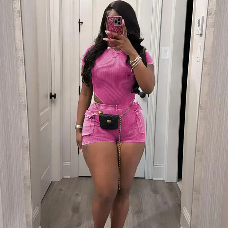 

Спортивный костюм женский трикотажный, повседневный комплект из двух предметов, Трикотажный верх и шорты с карманами для активного отдыха