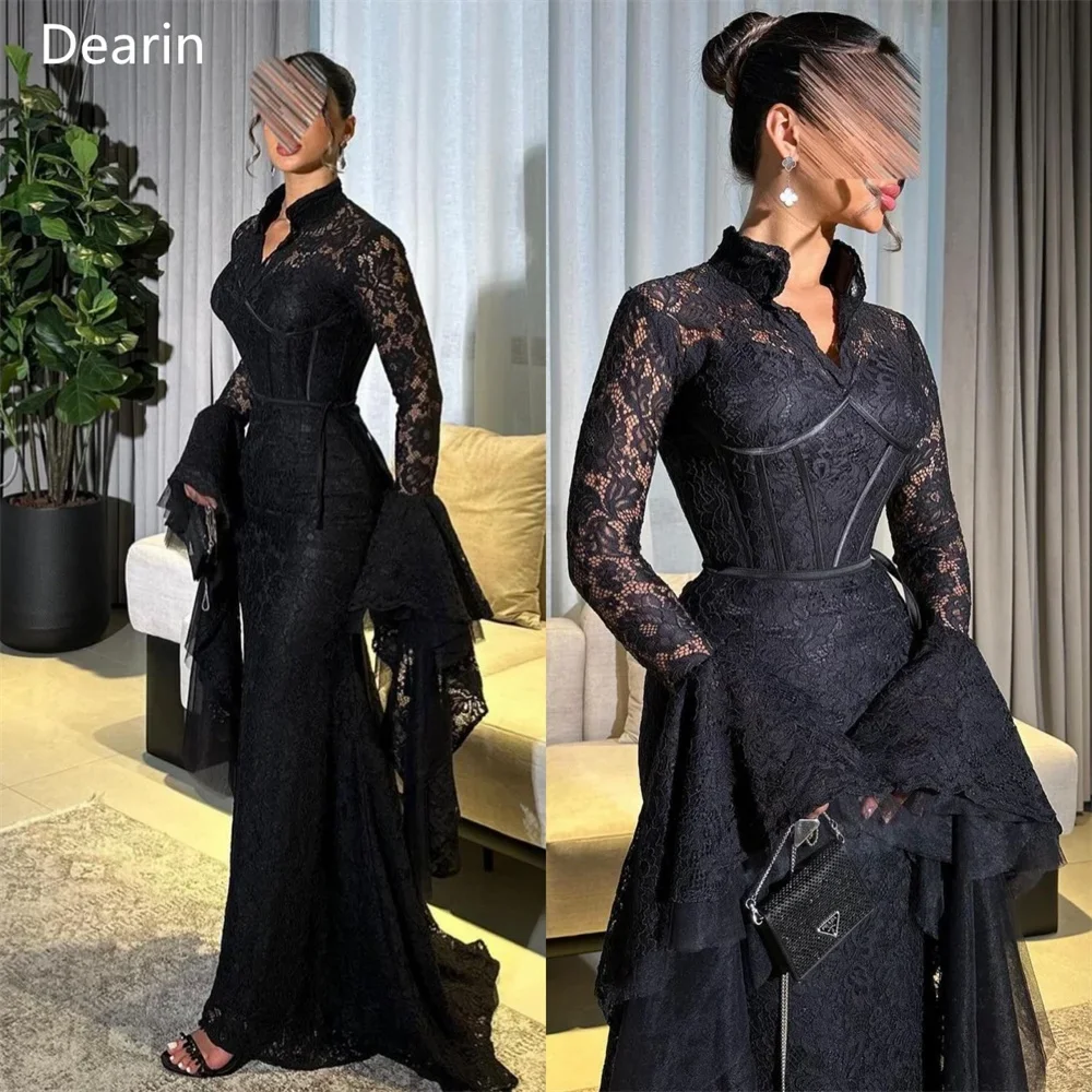 

Customized Formal Dress Dearin V-neck Mermaid Floor Length Skirts Flouncing Tulle Lace Bespoke Occasion Dresses Saudi Arabia Eve