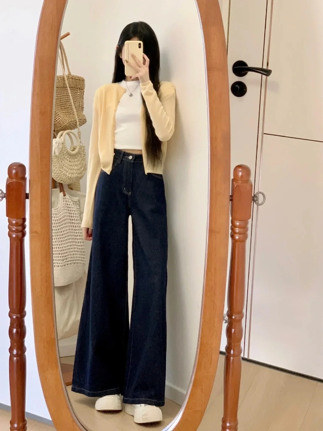 Retro American Deep Blue Wide Leg Jeans Women's Thin Summer Pear Shape High Waist Loose Drapey Straight Cut Pants