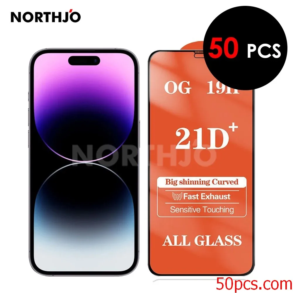 50 Pcs 21D+ Tempered Glass Film Full Covering Silk Printing Screen Protector For iPhone 15 14 Plus 13 12 11 Pro XS Max Mini