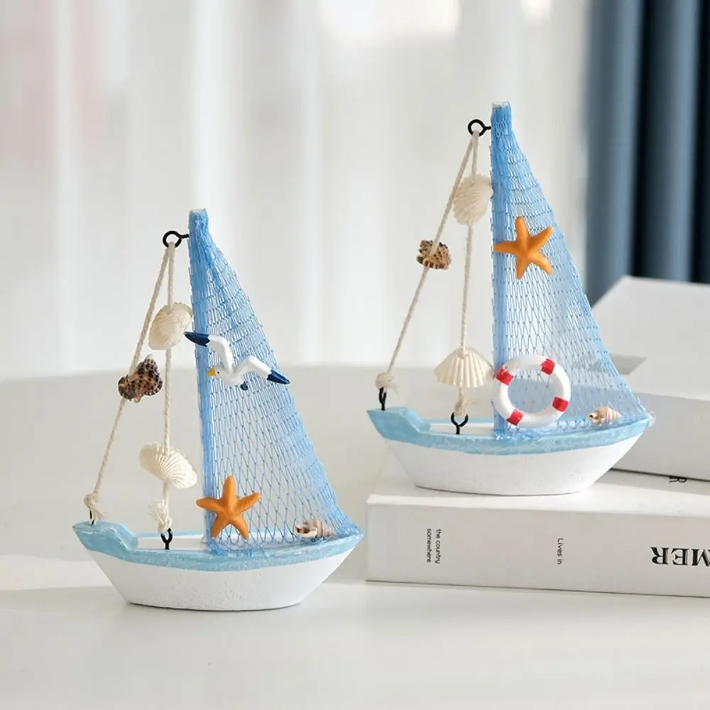 Mediterranean Style Sailing Boat Model Wooden Handmade Wooden Sailing Boat Fishing Net Accent Miniature Size Miniature Sailboat