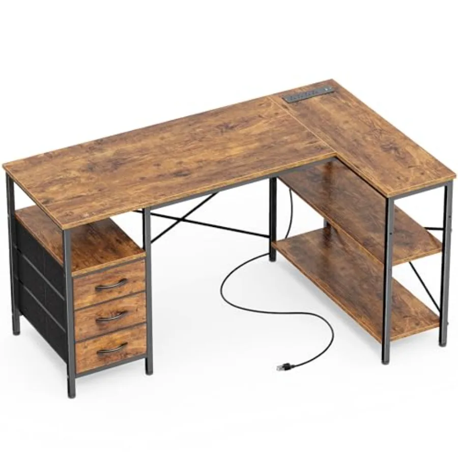 L Shaped Office Desk with Power Outlets 3 Drawers for Home Office Use, Engineered Wood in White, Space-Saving Design with Cable