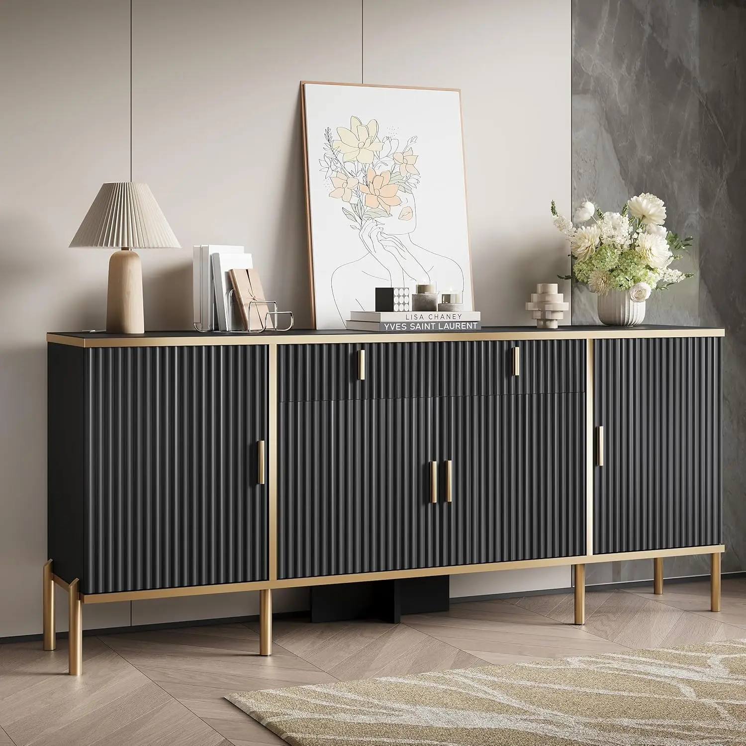 60” Modern Sideboard Buffet Cabinet, Fluted Storage Sideboard with Adjustable Shelves & Pop-Up Doors,, Customized