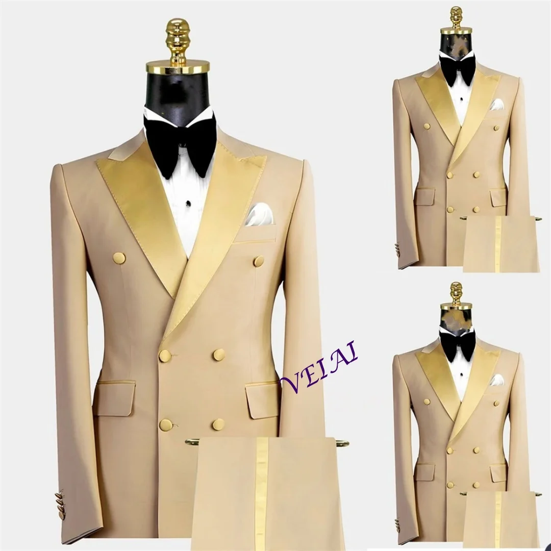 

CustomizedMen's Suit Double breasted Tuxedos Formal Slim Fit Notch Lapel Party Solid Groom Khaki Suits For Wedding 2 Pieces（Bla