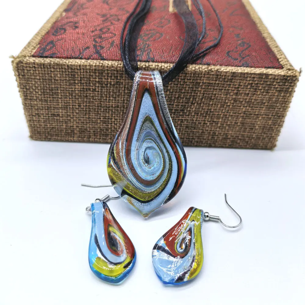 Handcrafted Custom Women's Fashion 6-Piece Set - Glass Flower Leaf Shape Ribbon Pendant Necklace Earrings Jewelry Exclusive