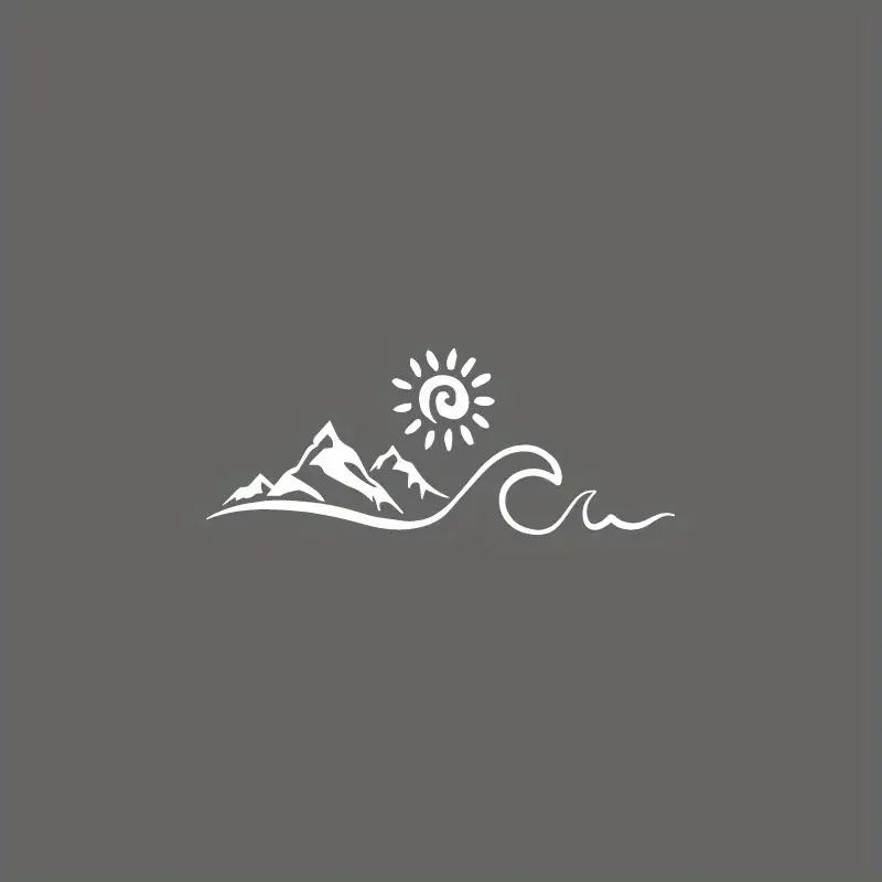 2D Flat Car Sticker - White/Black/Gray Vinyl Mountain & Wave Window Decal with Black/White/Gray Sun/Moon/Star/Circle