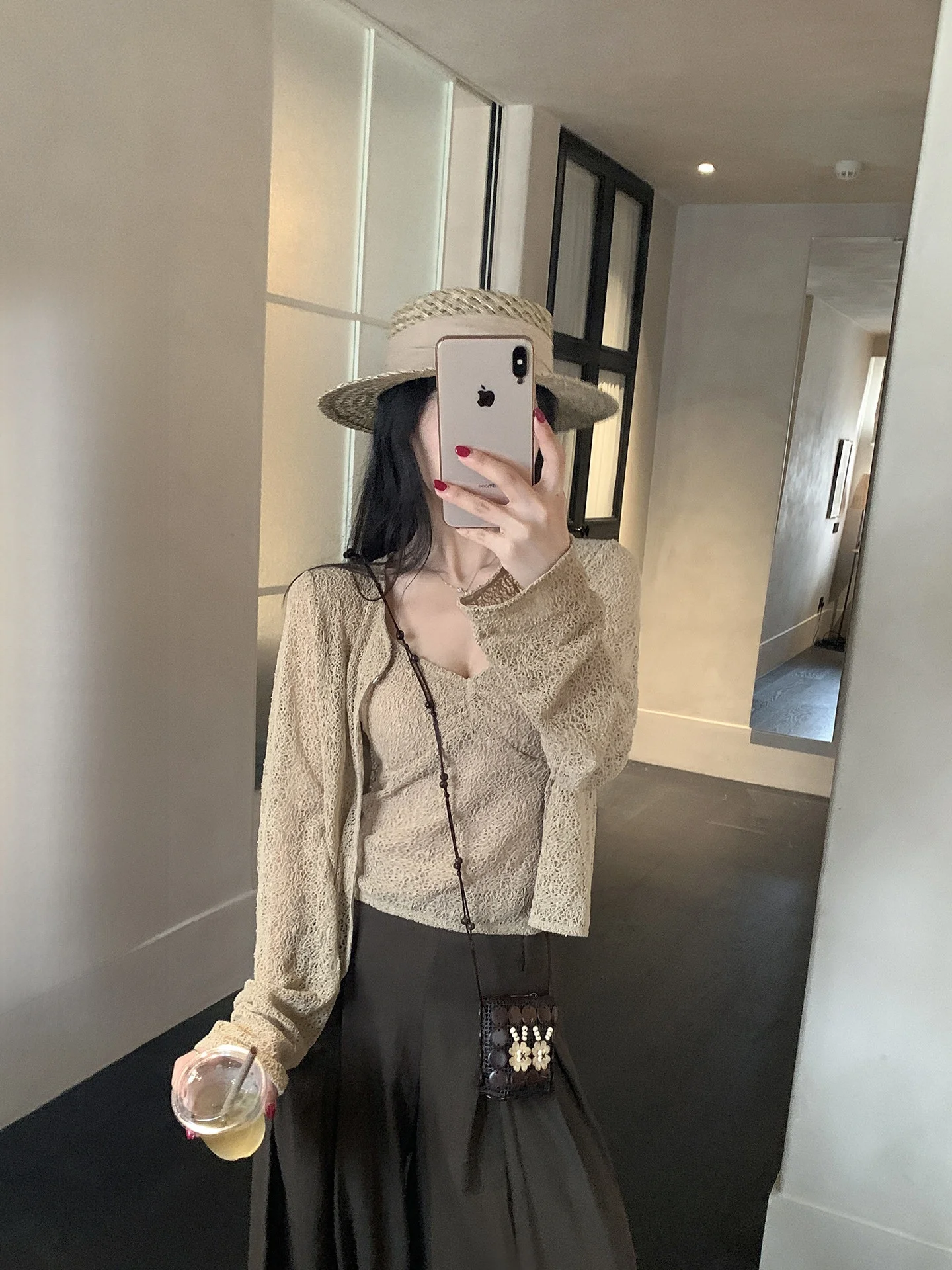 

Slim Fit Hollow out Women's Two-Piece Set Korean Style Cardigan Tank Top Breathable Polyester Fiber Long Sleeve Casual Wear